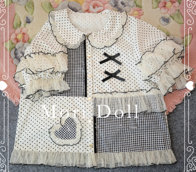 Mori Doll~Peach Tea~Sweet Lolita Dot and Stripe Print Short Sleeve Blouse S black 