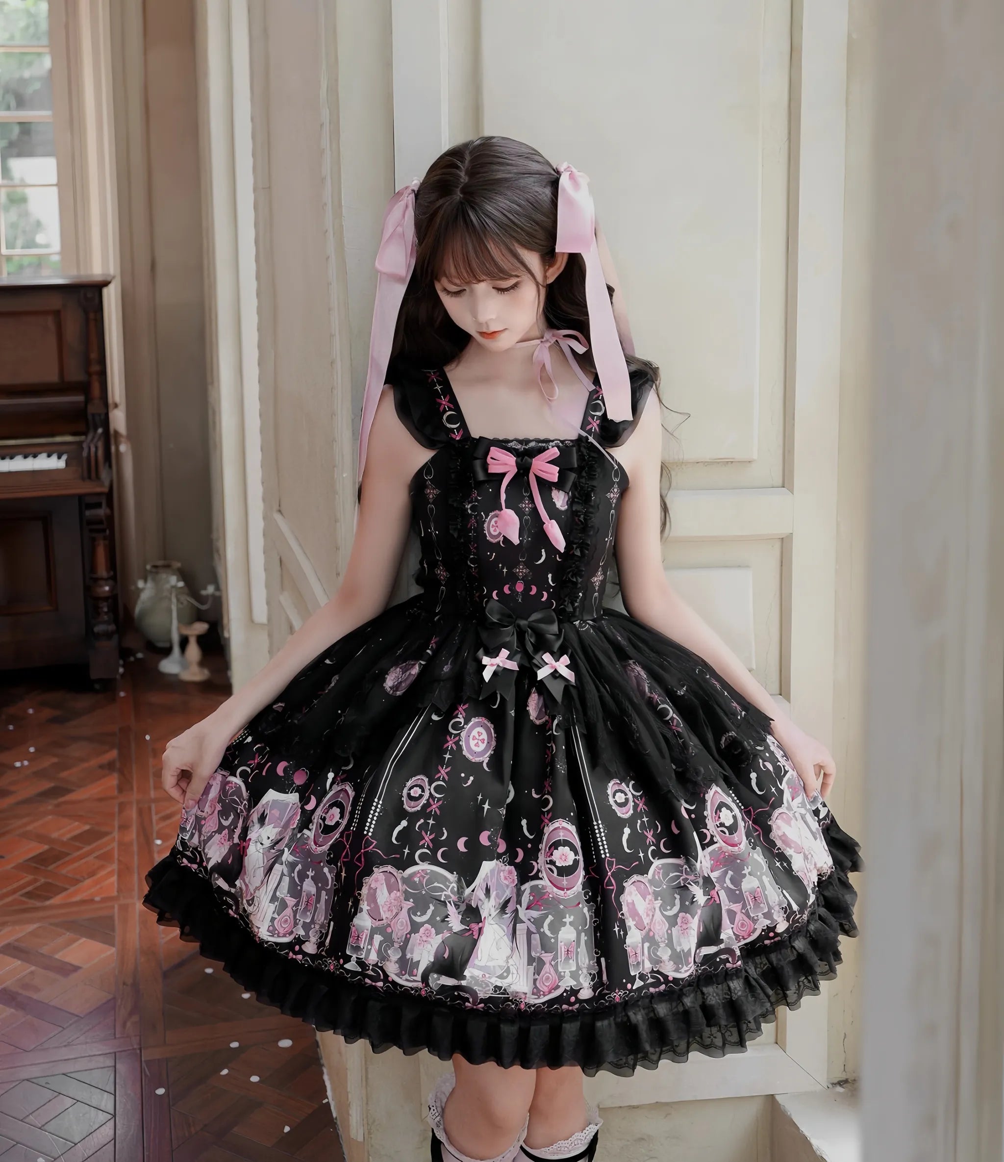 Lunar Cat Crown - Sweet Lolita Black JSK Dress, Angel Cat and Moon Print (L M S) 45686:858735