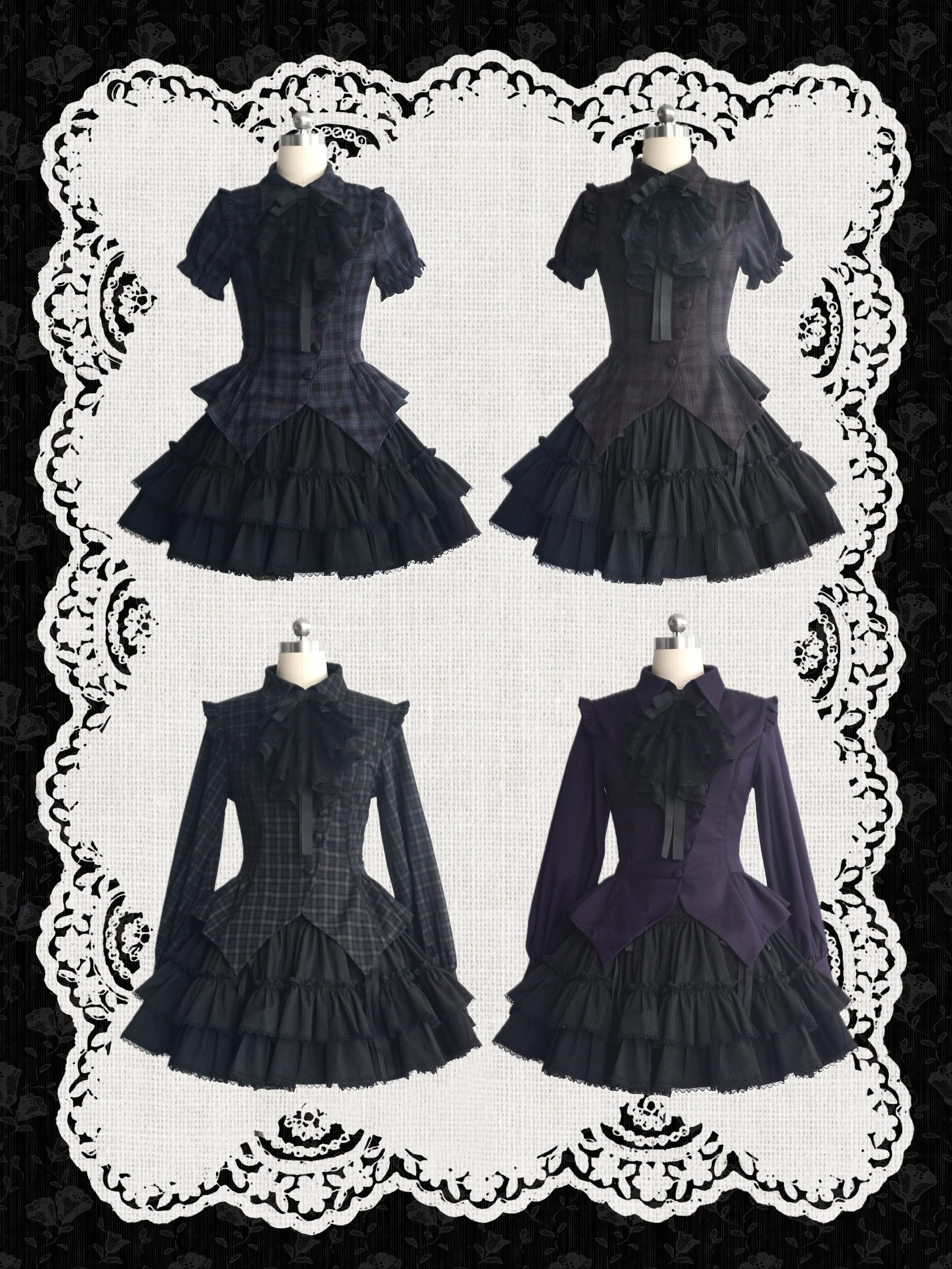 Lyra Nocturne - Gothic Lolita Slanted Placket Shirt Set, Plaid or Striped