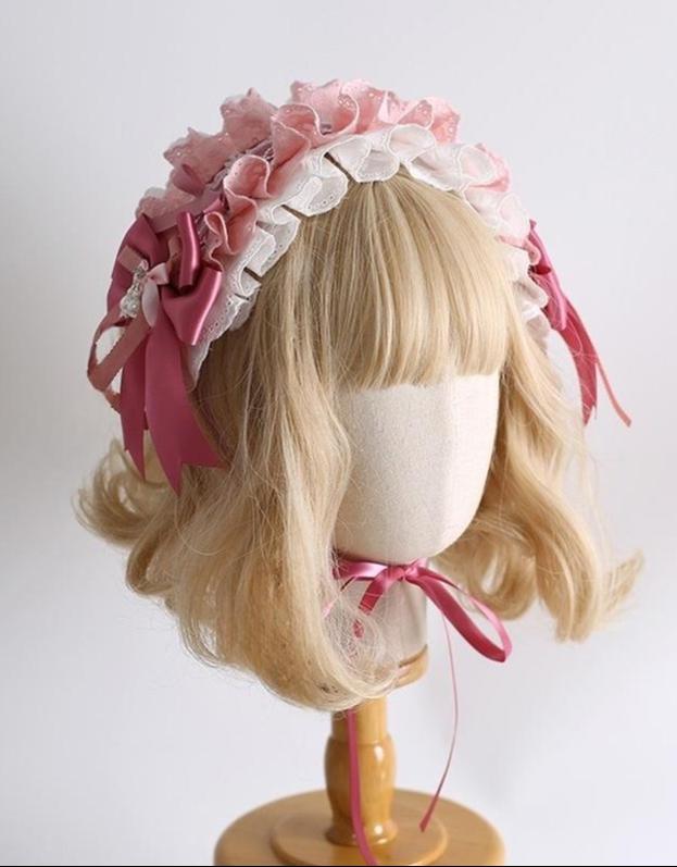 Xiaogui - Sweet Lolita Headdress Pink White Bunny Ear Hair Accessory No.4 - Fancy Bow Hairband