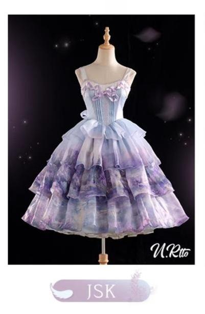 Urtto~Swan Lake~Sweet Lolita JSK Dress Tiered Oil Painting Dress   