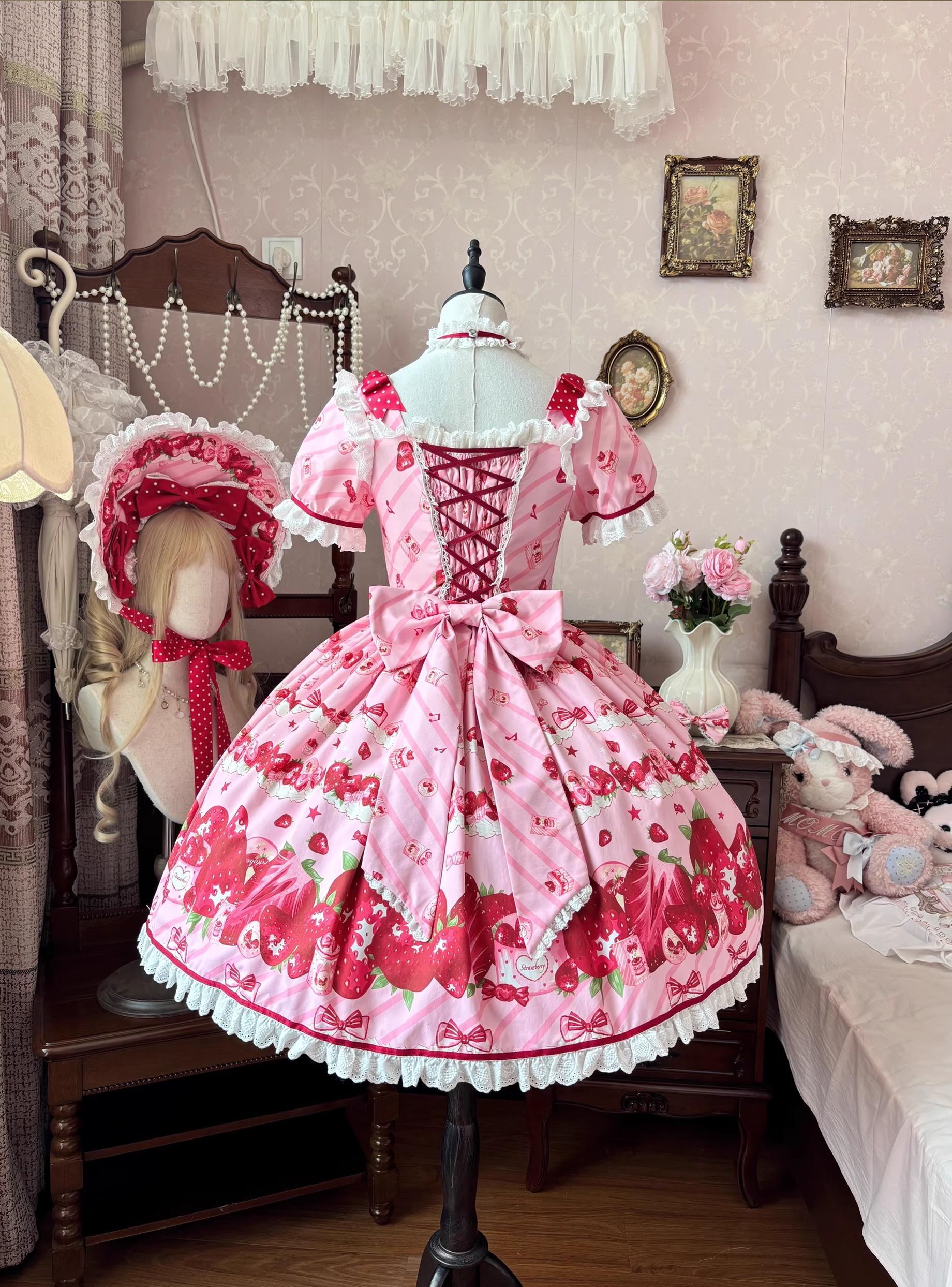 Peach Bunny - Strawberry Box - Sweet Lolita OP Dress, Strawberry Print 43994:791694