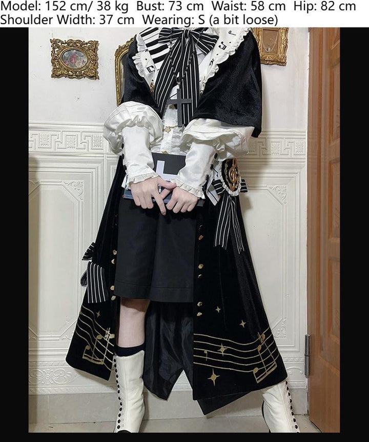 Forest Fluorescent Carps~Black and White Sonata~Ouji Lolita Vest Suit and Vintage Lolita OP Dress