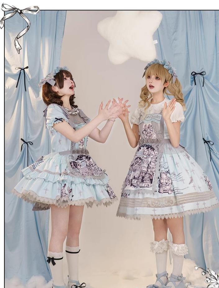 Honey Machine~Doll Theater~Sweet Lolita OP/JSK Bunny Print Daily Lolita Dress   