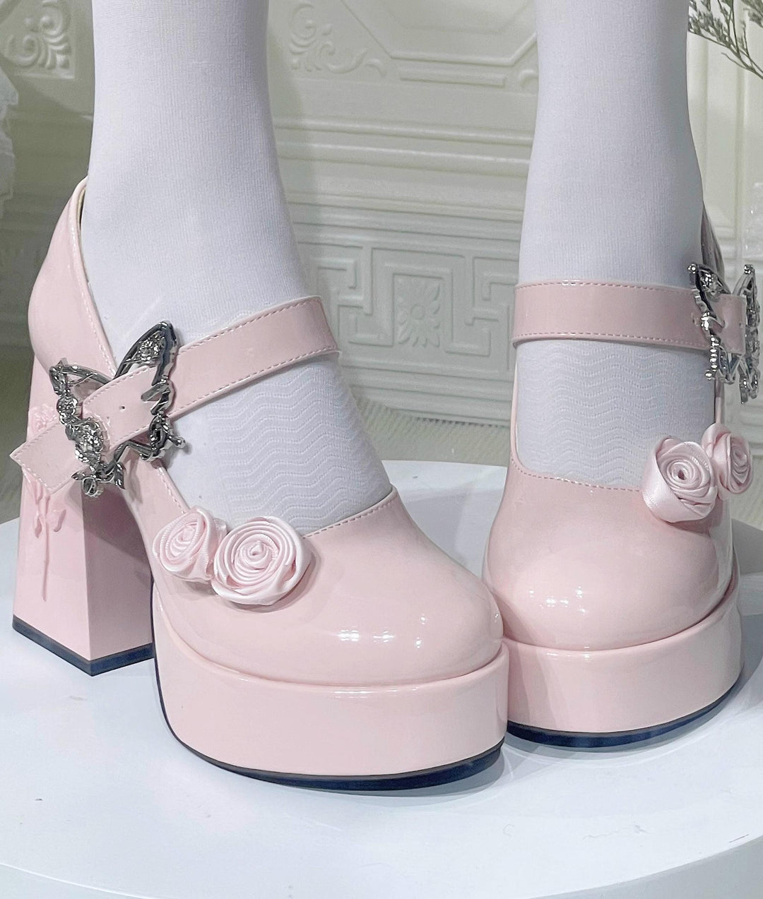 Dreamland~Cyclic Wonders~Elegant Lolita High Platform Shoes with Butterfly and Rose Details Lotus Pink Patent Leather 34