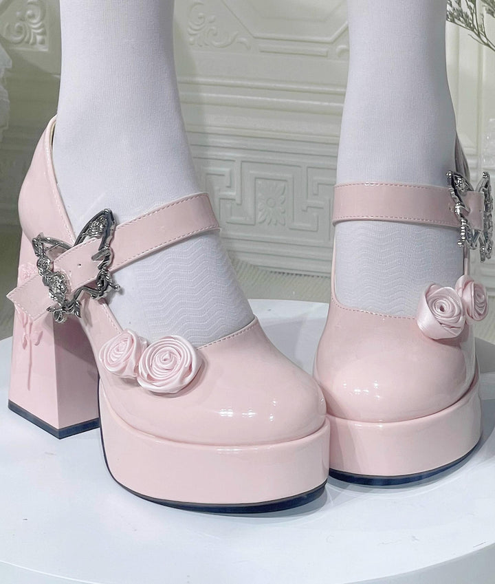 Dreamland~Cyclic Wonders~Elegant Lolita High Platform Shoes with Butterfly and Rose Details Lotus Pink Patent Leather 34