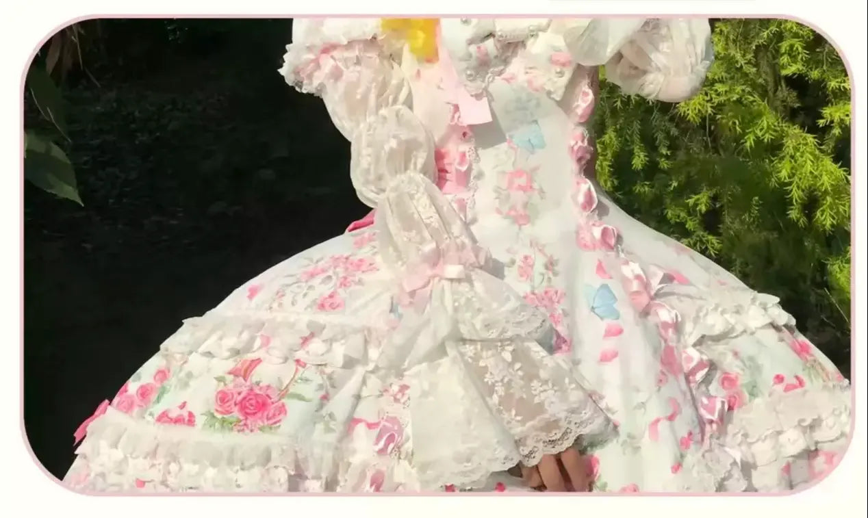 Eternal Vow - Old School Lolita Jacquard OP, Floral and Butterfly Print (L M S XL XS) 45830:865746