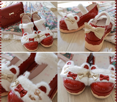 Sheep Puff~Sweet Lolita Red Platform Shoes for Christmas   