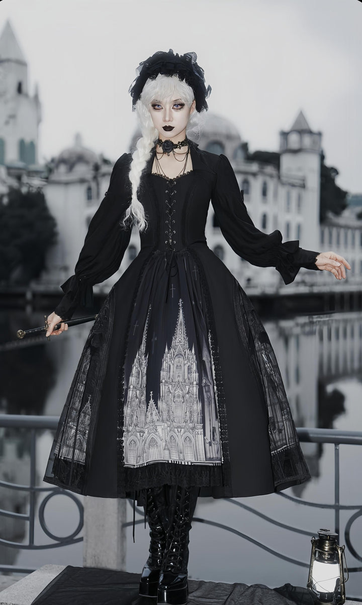 Susin Lolita~Night Traveler~Gothic Lolita Skirt Outfit Long Coat Shirt and Bustier Set