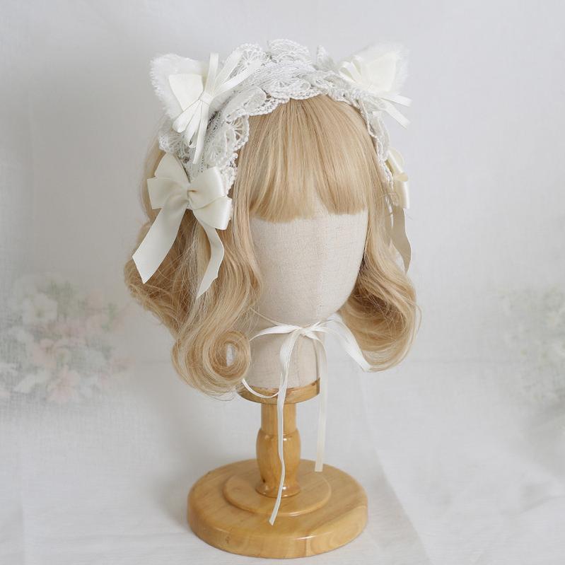 Xiaogui~Sweet and Lovely Lolita Cat Ear Bow Headband milk white cat ear hairband  