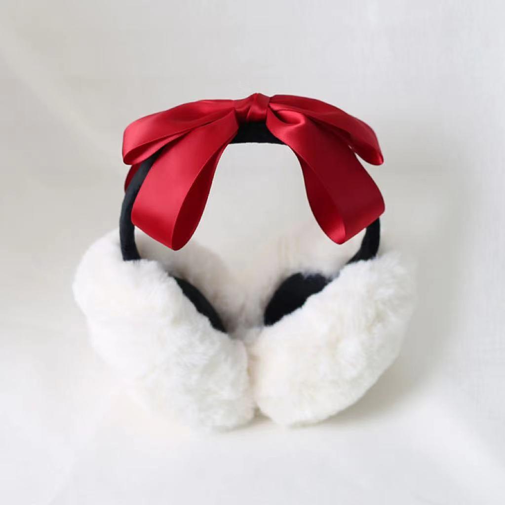 Xiaogui - Winter Lolita Earmuff Bow Plush Earmuff Ear Protector Dark Red