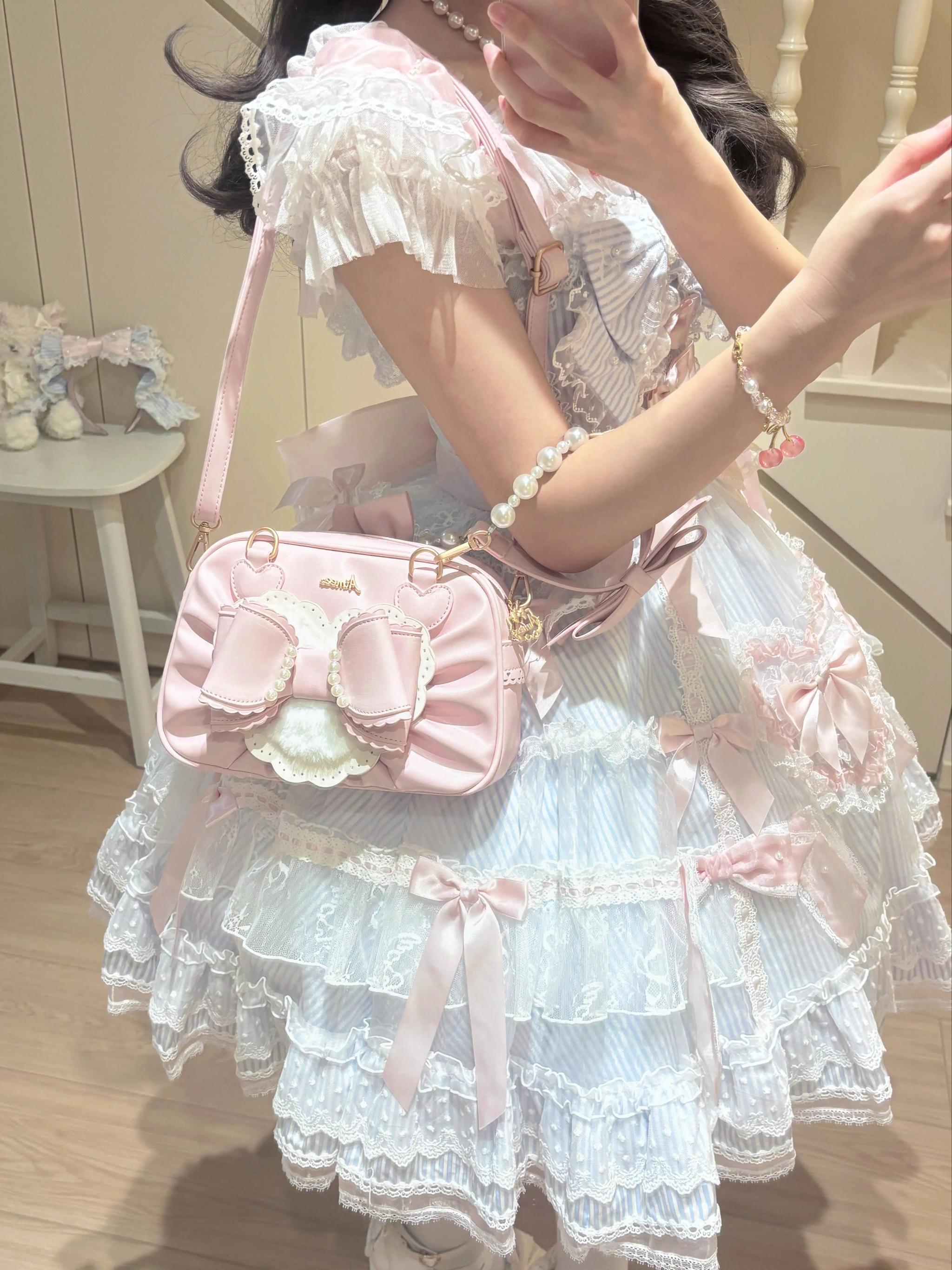 Aimee - Peach Cube Box - Sweet Lolita Pink Handbag, Bow & Pearl