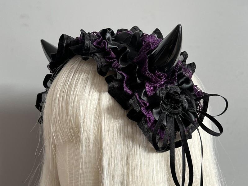 MAID~Gothic Lolita Halloween KC Devil Horn Hairband Customizable Color Black x Deep Purple  