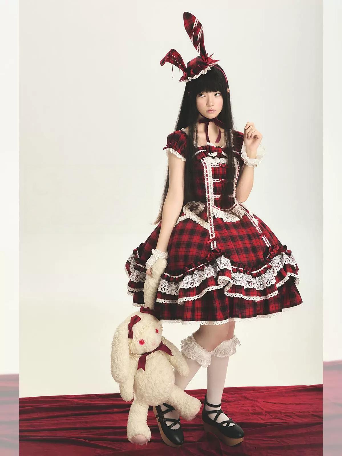 Plaid Lace Bunny - Old School Lolita Plaid OP Dress, Lace Trim 45992:871342