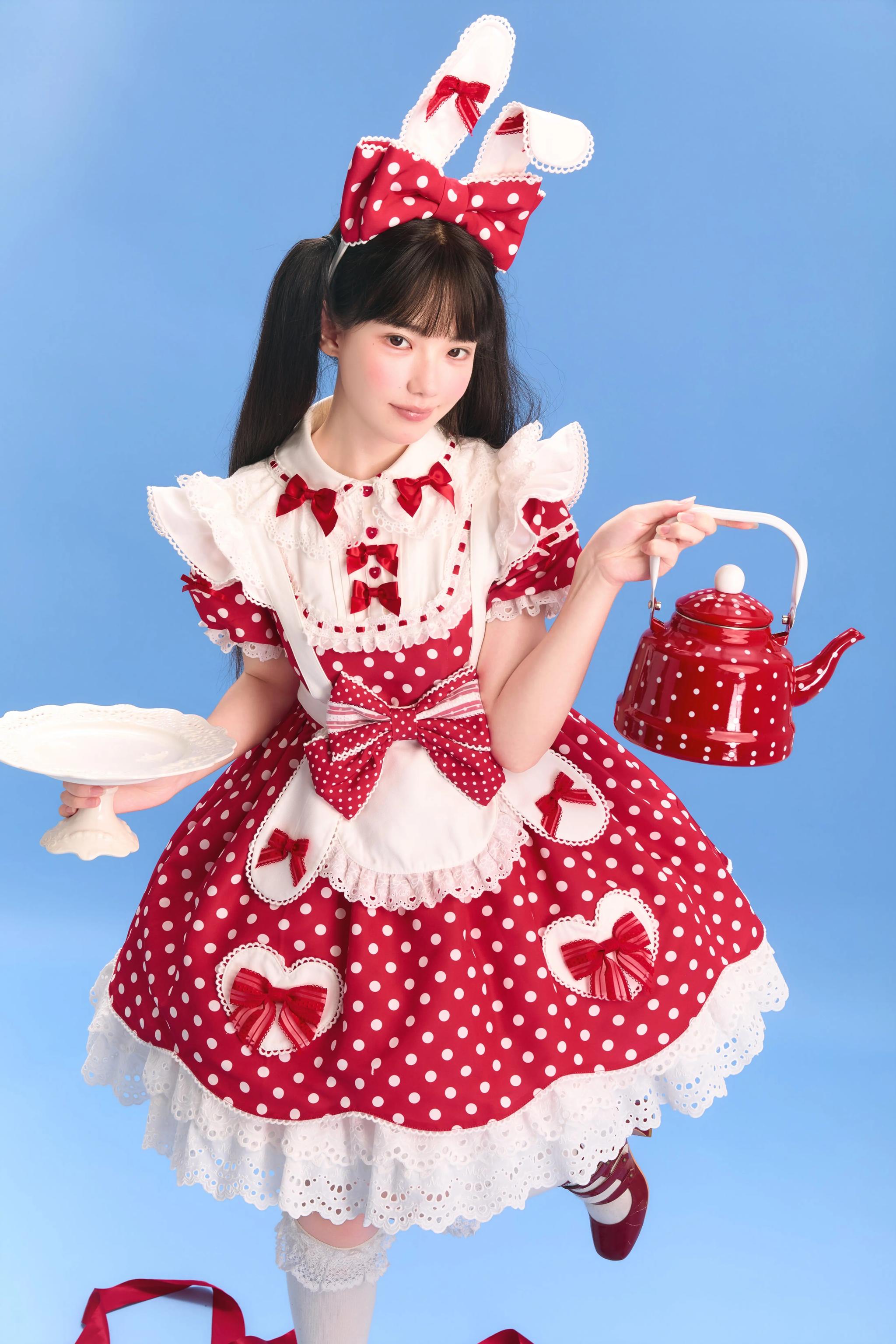 Bunny Kissaten - Four Colors Old School Lolita Polka Dot OP, Bunny Ear Apron 45824:864354