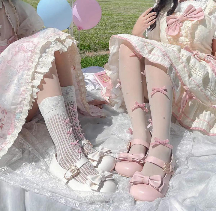 Sheep Puff~Hug Bear~Sweet Lolita Heel Shoes Bear Metal Buckle Bow Shoes   