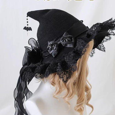 Xiaogui~Halloween Lolita Hat Devil Lace Woolen Witch Hat   