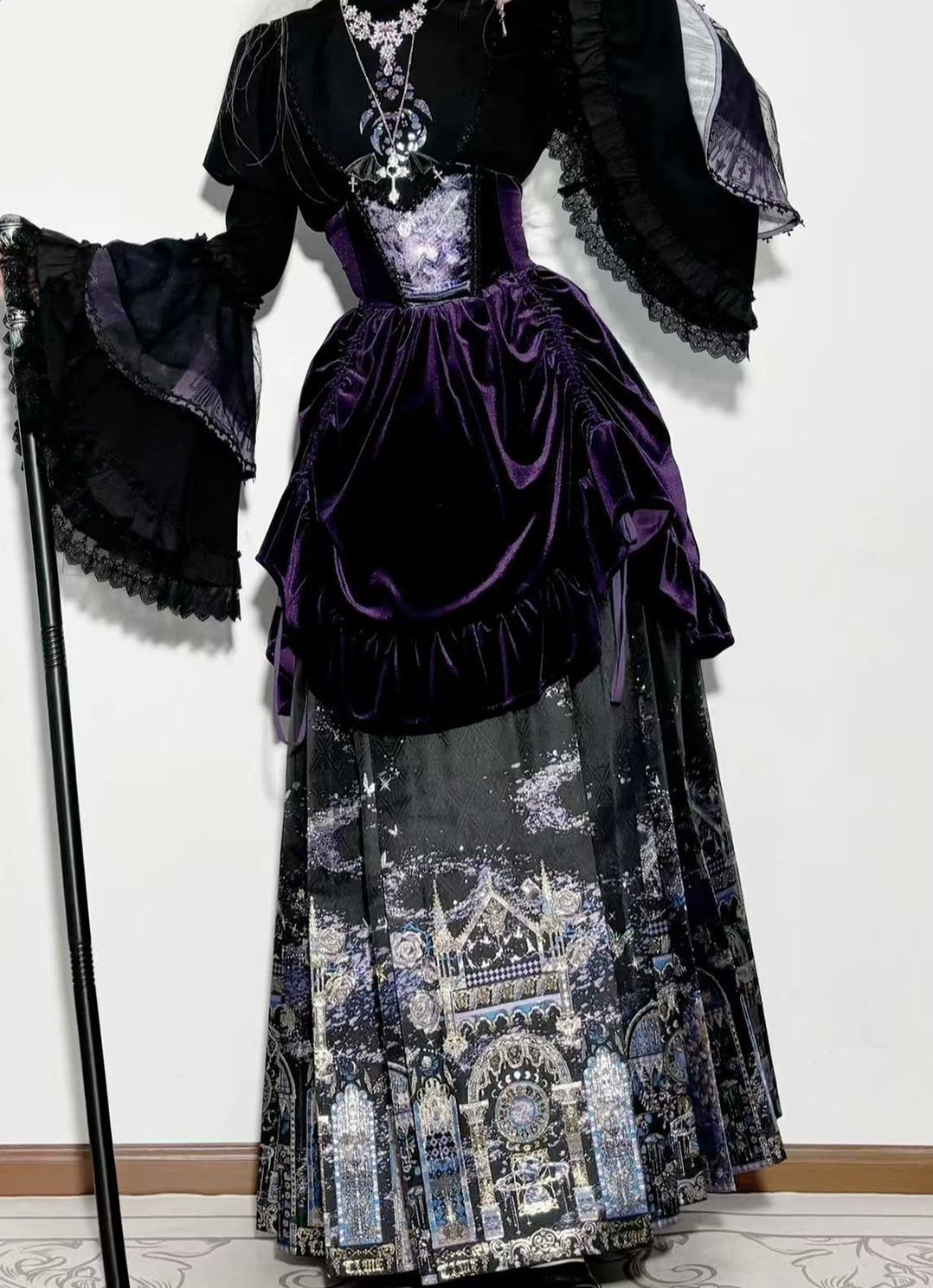 Stellar Orbit Cathedral - Gothic Lolita Hime Sleeve Blouse & Corset & Mamian Skirt Set 45901:867494