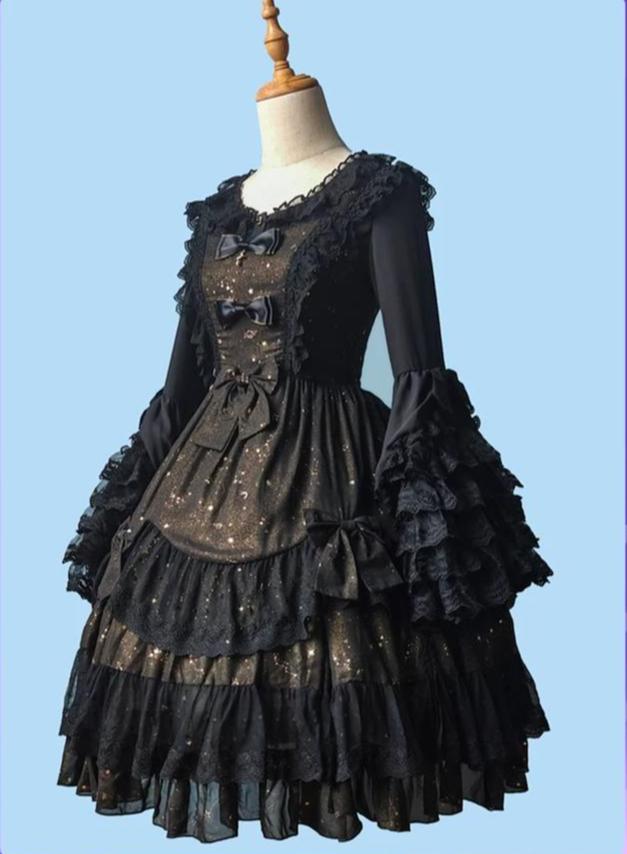 Star Wish - Classic Lolita JSK Dress, Gold Foil Constellation Chiffon 45954:869321