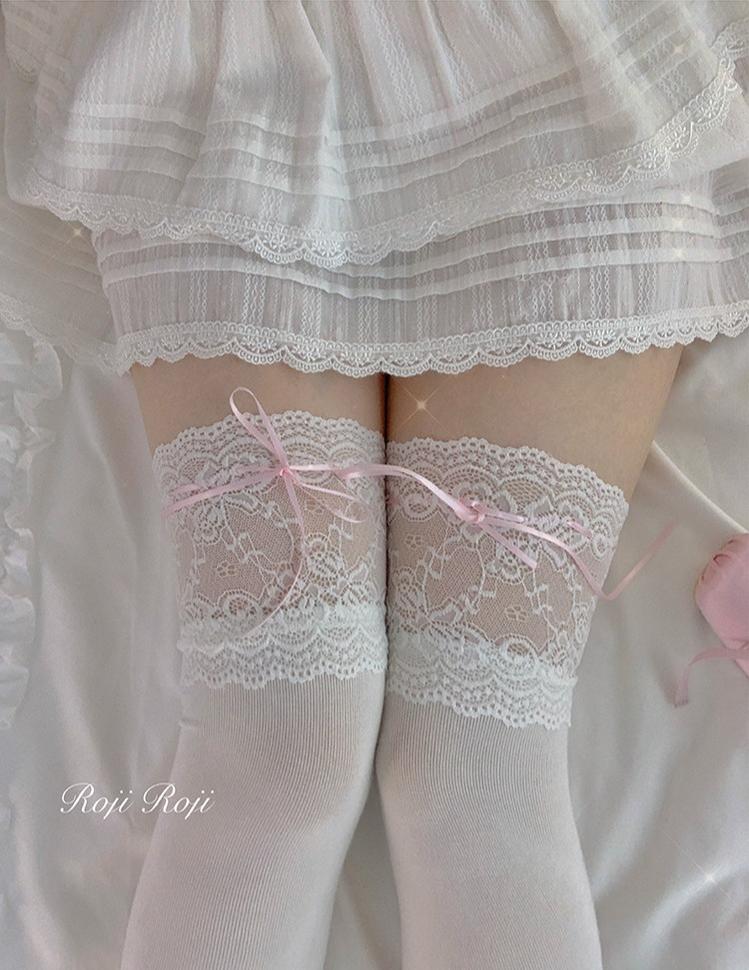 Combed Cotton Lolita Lace Spliced Socks with Colorful Bows 45619:855874