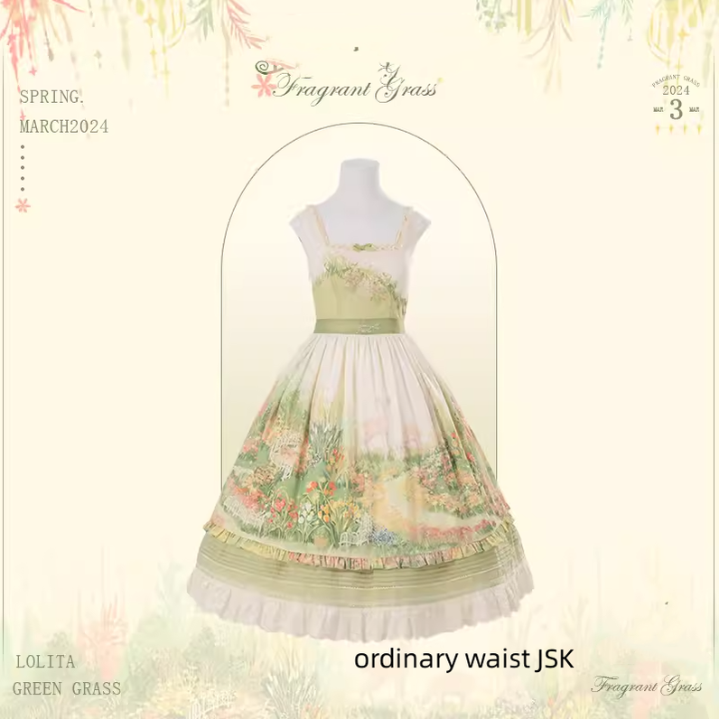 Flower and Pearl Box~Wild Flowers and Fragrant Grass~Country Lolita Dress Floral Print JSK and OP Dress Set (L S XL XS) 35380:486620