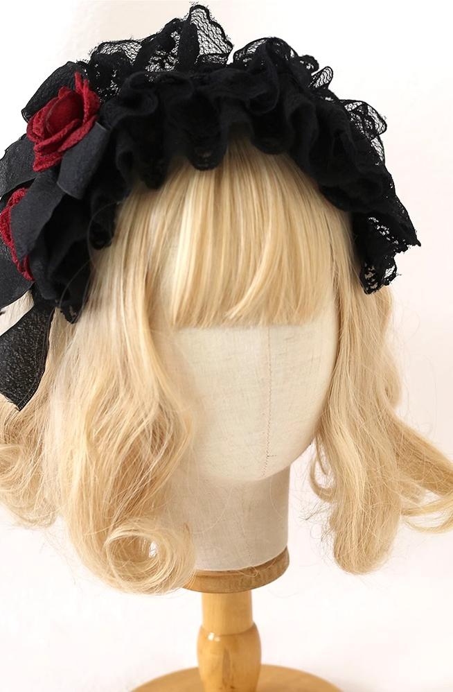 Xiaogui~Goth Lolita Headwear Black Lace KC Rose Multi-layer Lace Headband  