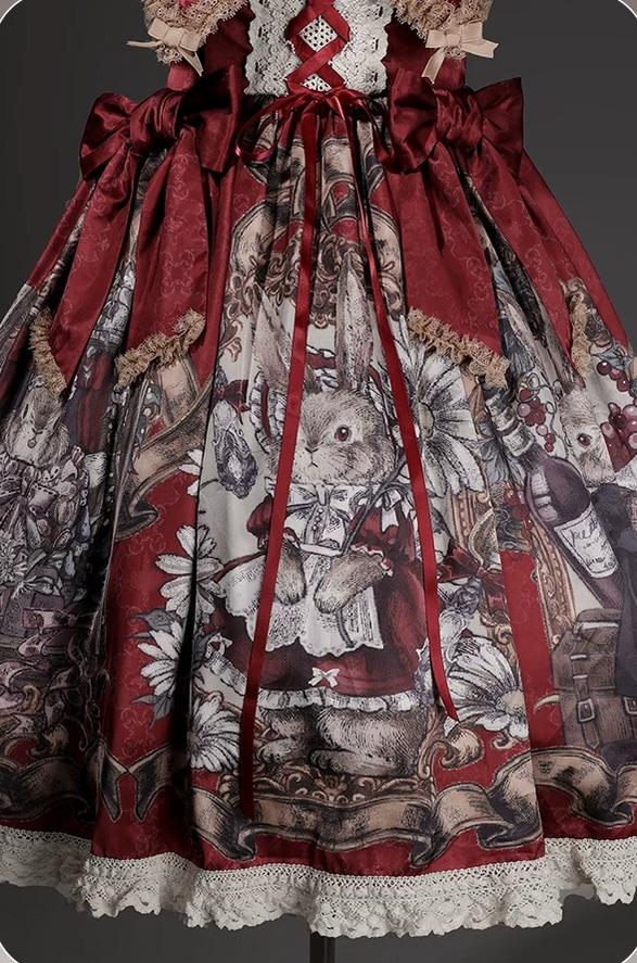 Mysterious Ribe - Red Classic Lolita Jumper Skirt & Blouse Set, Rabbit Print 45968:870086