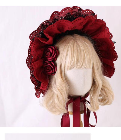 Xiaogui~Classic Lolita Bonnet Lace Elegant Lolita Hat Free size Dark red + dark red flowers 