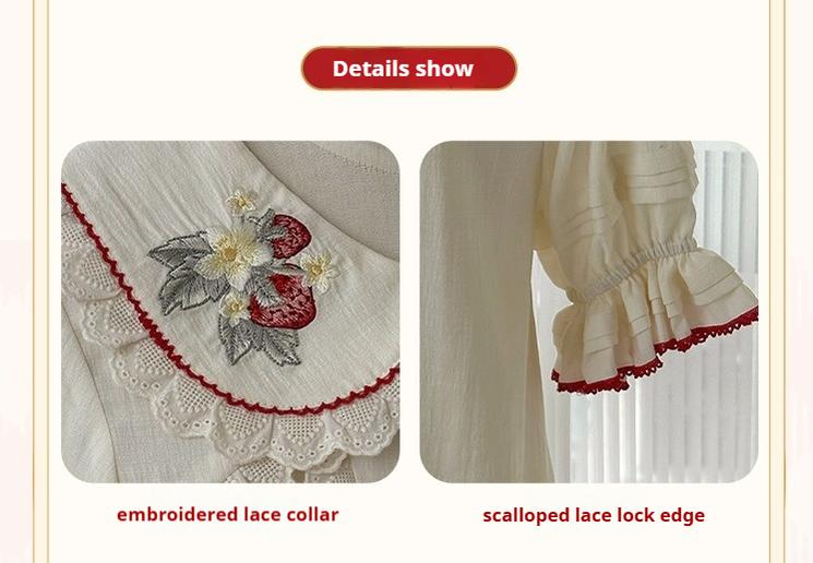 Piggy Bun - Sweet Lolita Shirt Strawberry Embroidery Ivory Blouse