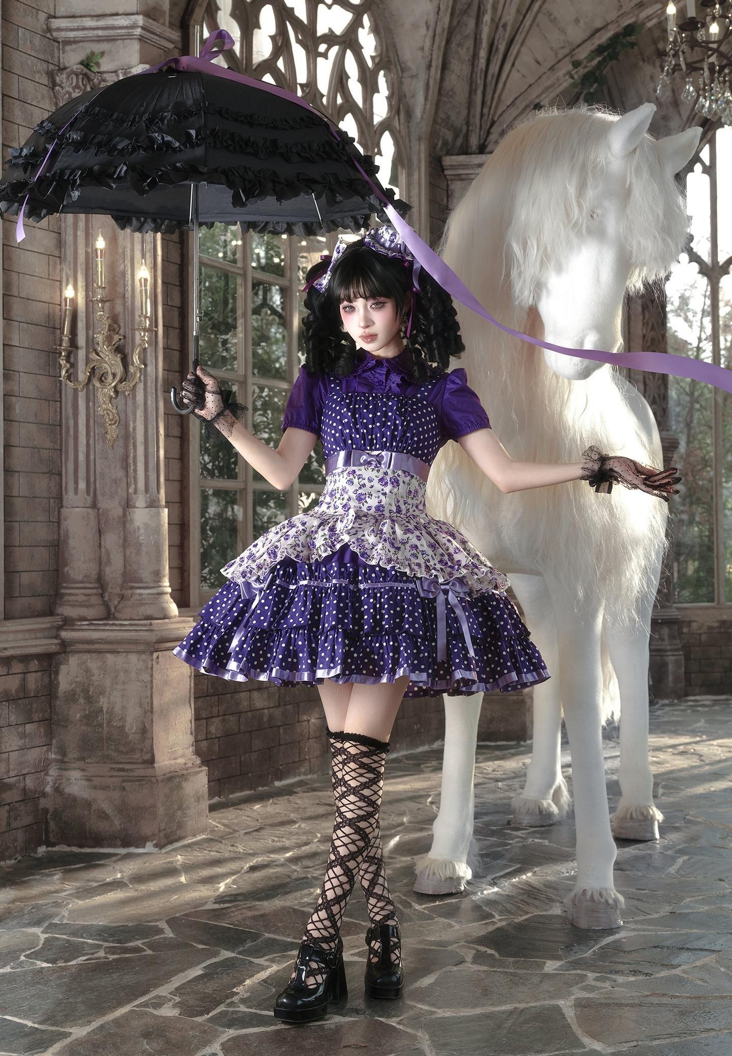 Libobo - Cotton Old School Lolita JSK Dress, Polka Dot & Floral Print 45878:866140