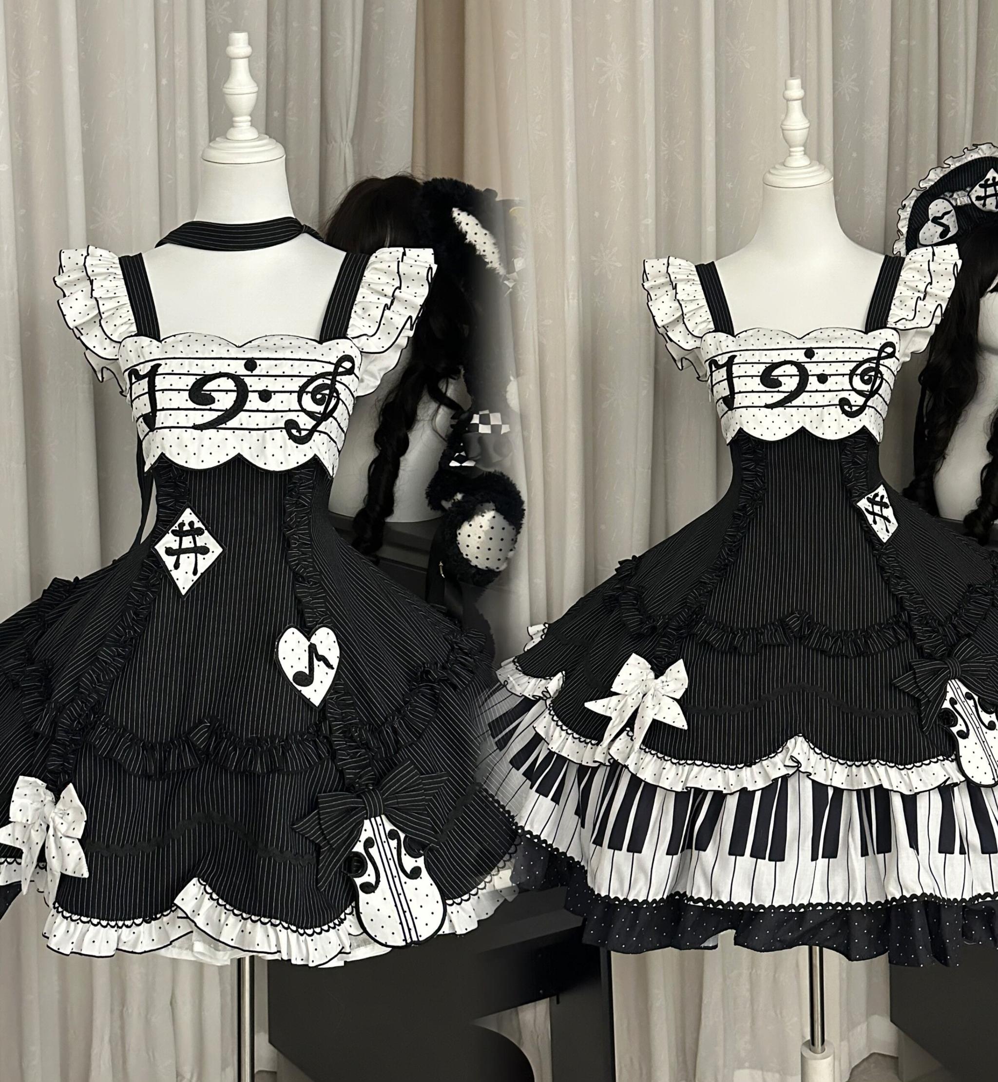 Rhythm Note - Old School Lolita JSK Dress with Piano Keys Hem 45742:860646