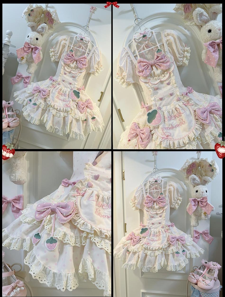 Salty Cream - Strawberry Polka Dot - Sweet Lolita OP Dress, Detachable Apron