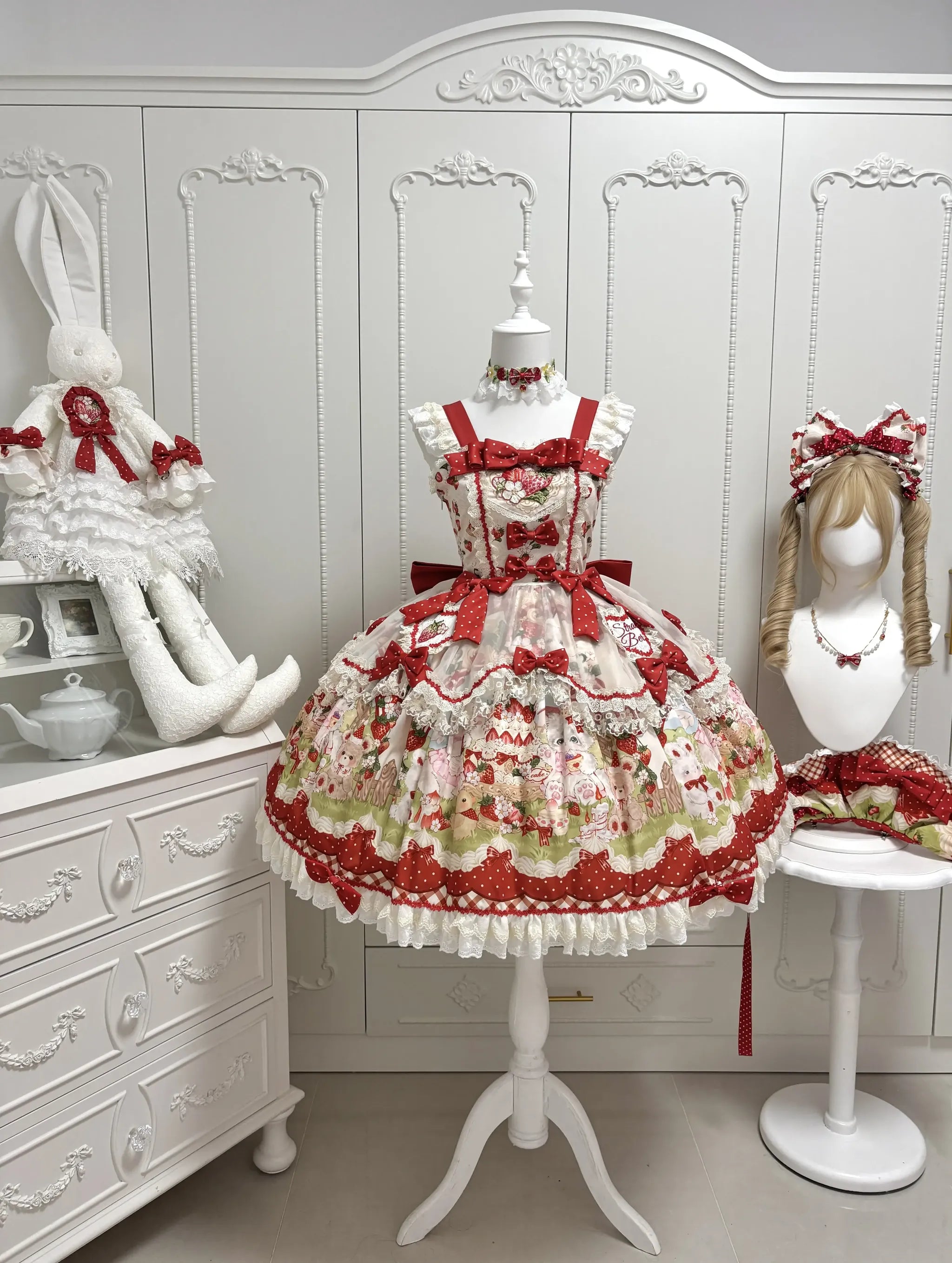 Strawberry Cat - Printed Sweet Lolita JSK Dress, Embroidered Strawberry Apron Only S
