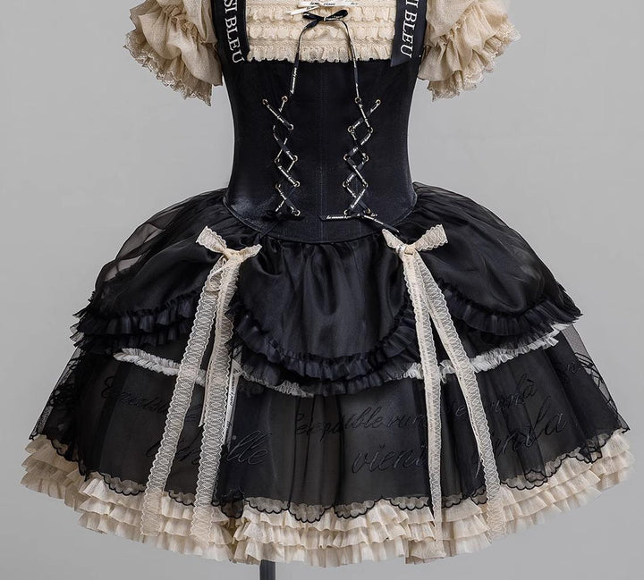 JS Lolita~Paris Holiday~Elegant Lolita Skirt Set French Lolita Corset Set Pull-up Multilayer Short SK - Black Apricot S 