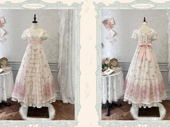 Alice girl~Night Rose~Retro Lolita Dress Floral Print Short Sleeve OP Dress white and pink (long style) XS 