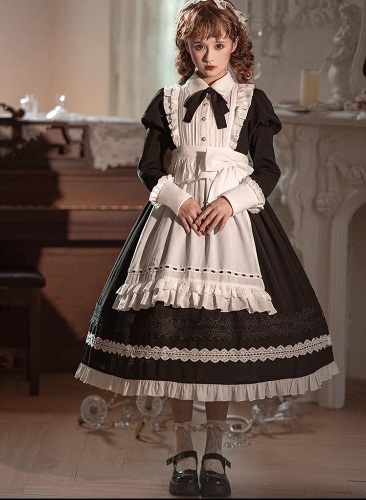 Sweet Date~Halloween Gothic Lolita OP Maid Lolita Dress Elegant Lolita OP S Long-sleeved OP + hairband + petticoat+apron 