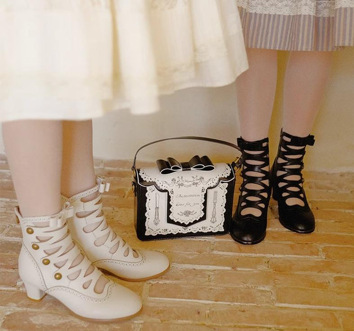 Momo~Embroidery Crossbody Lolita Bag Dinner Party Vintage Hollow Lolita Boots   