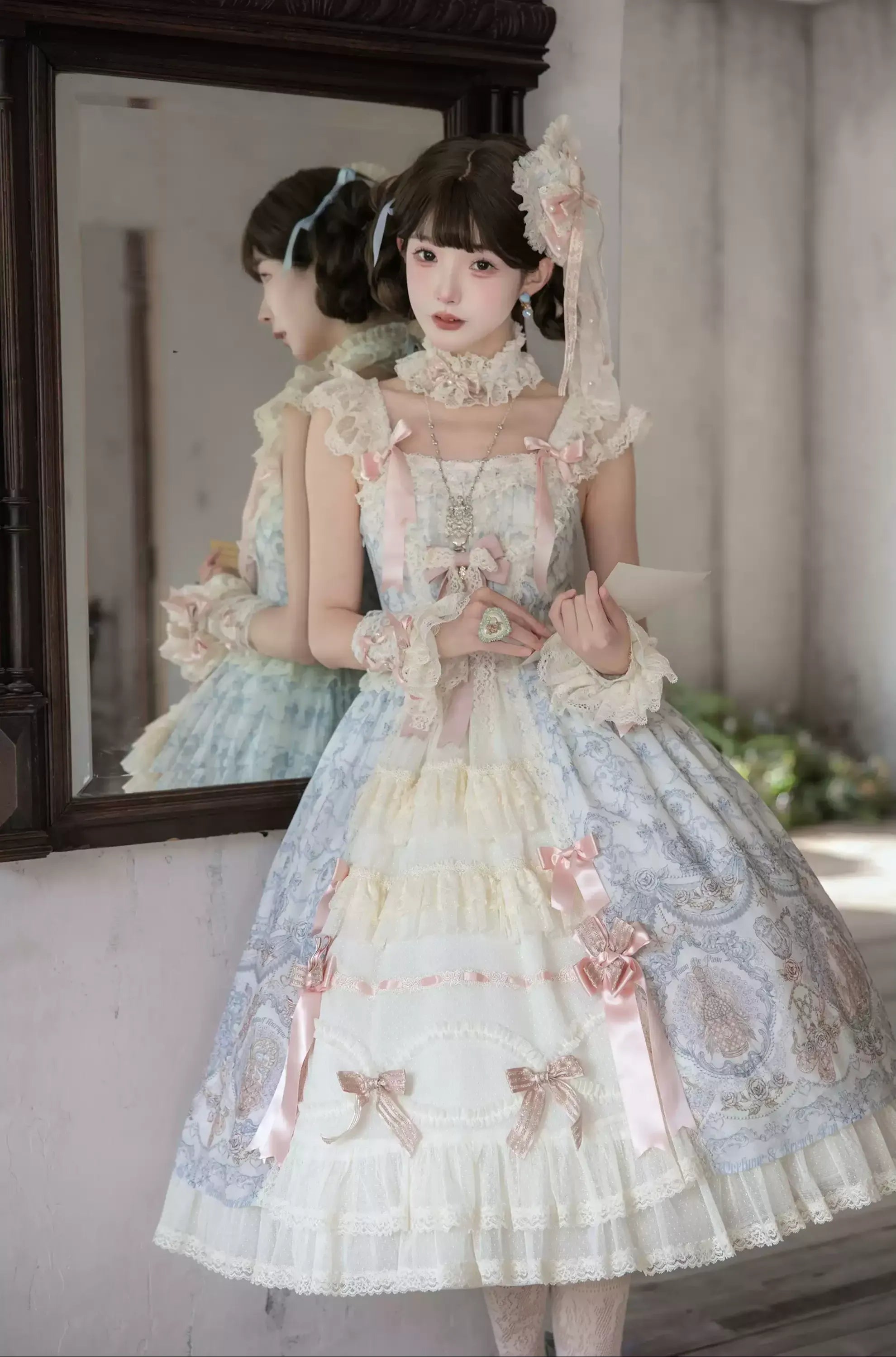 Rose Fragrance - Classic Lolita Lace JSK & OP Dress, Rose & Perfume Bottle Print 45850:865596