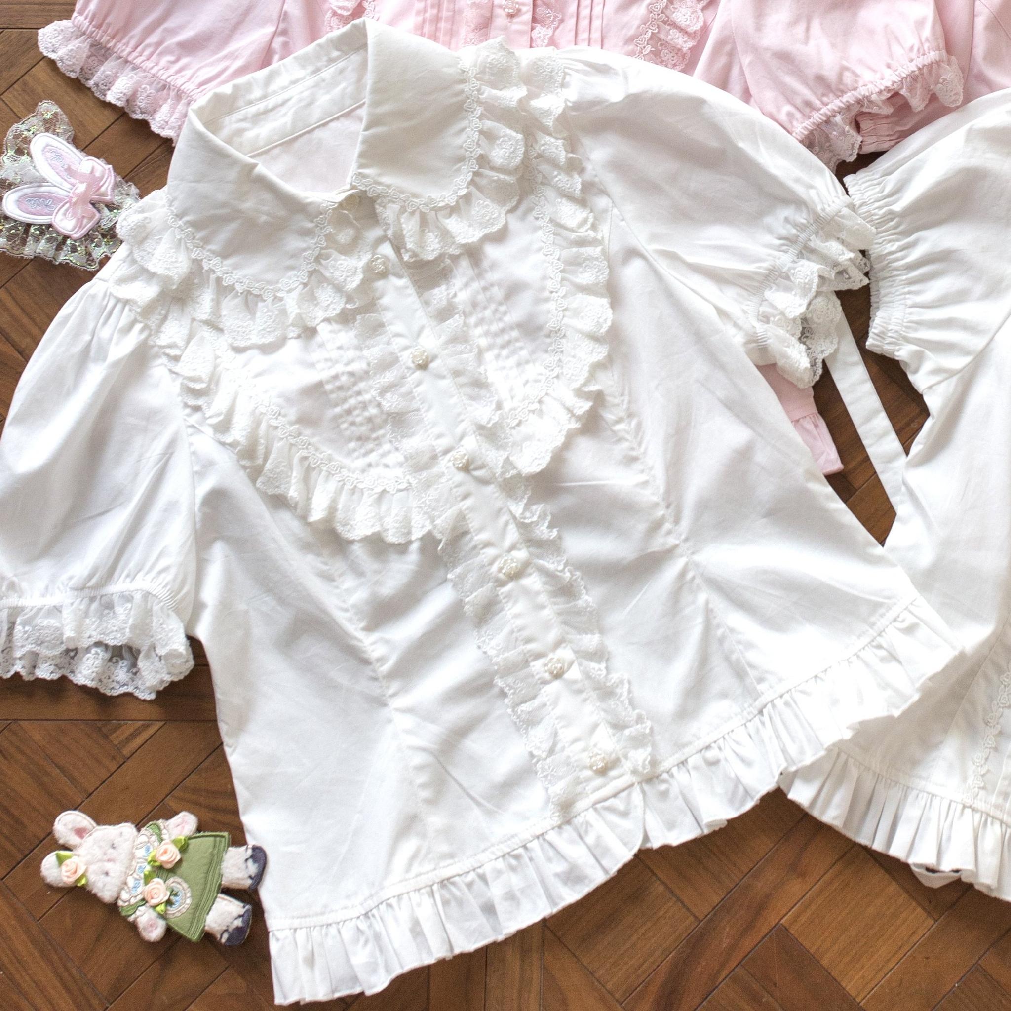 Sugar Heart Rose - Old School Lolita Cotton Blouse with Ruffles White Blouse - Bib-style Collar S