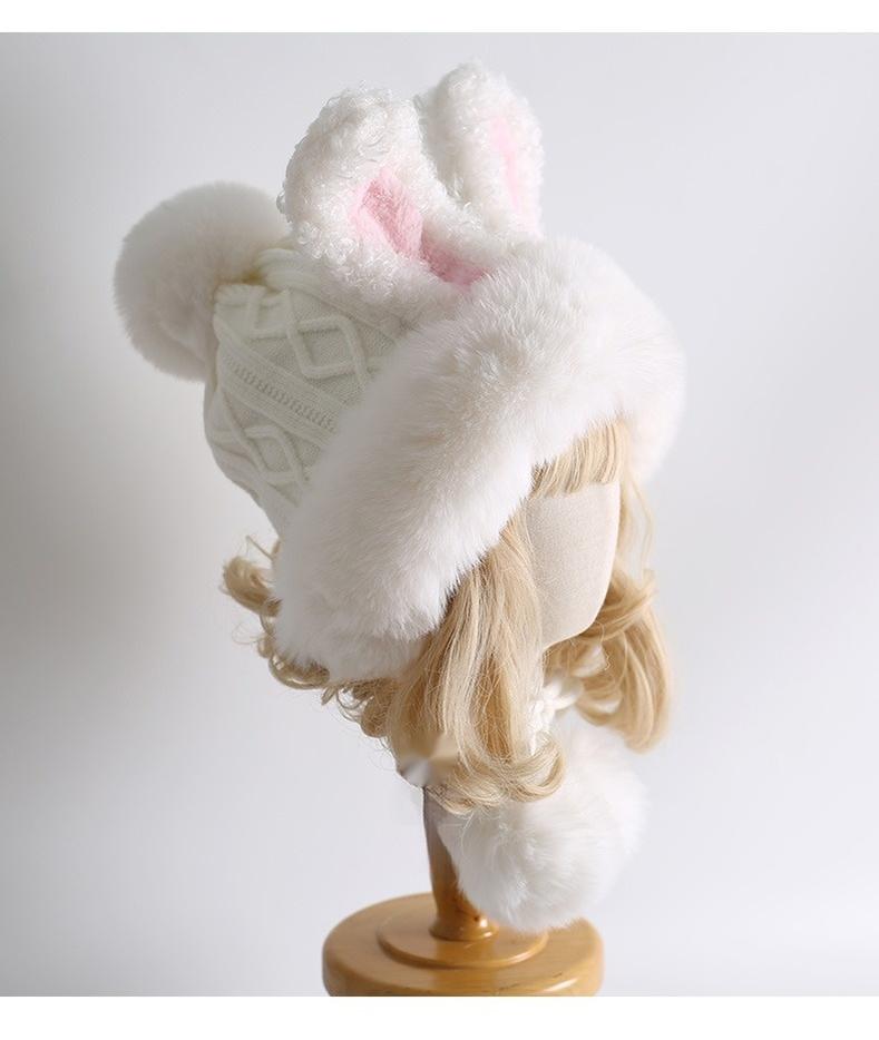 Xiaogui - Winter Kawaii Lolita Hat Plush Warm Hat with Pom-Poms F Pom-poms Version - Bunny Ear Hat