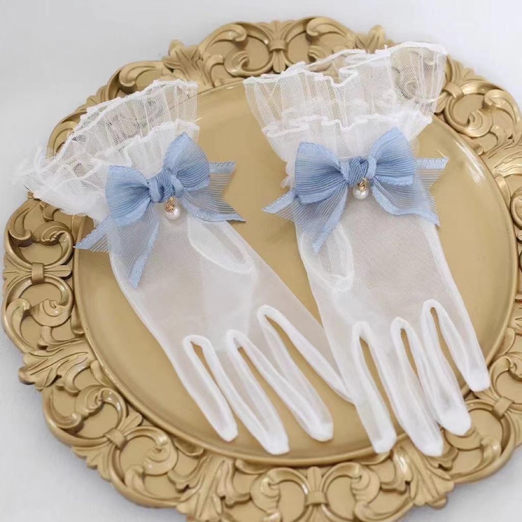 Xiaogui - Elegant Lolita Bow Gloves Retro Lolita Lace Glove One Size navy blue