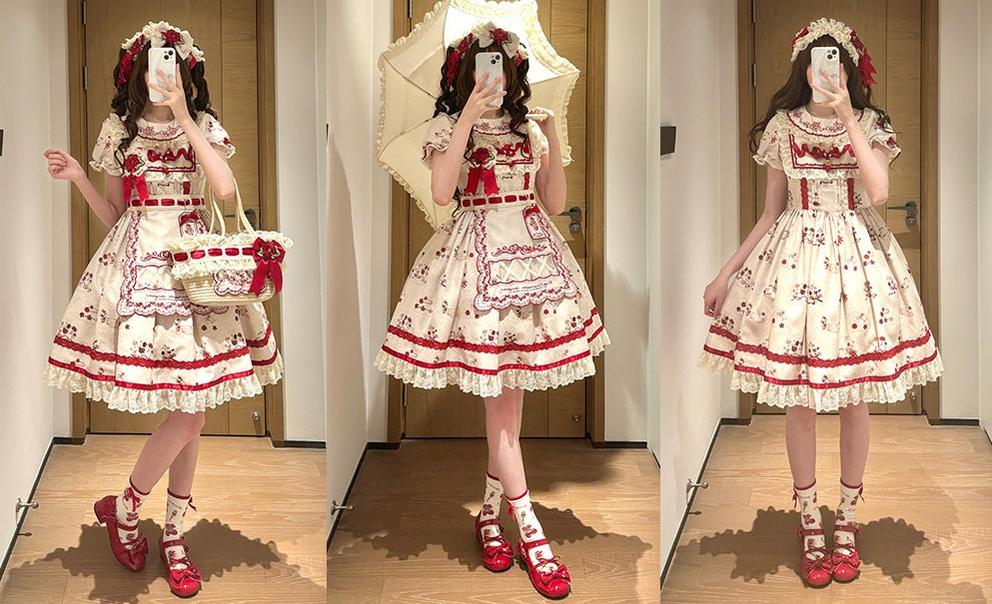Rose Catalogue - Printed Sweet Lolita OP Dress, Embroidered Apron