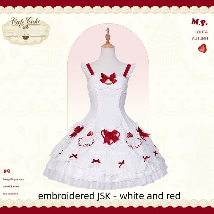 Mademoiselle Pearl - Cup Cake - White, Red Bow, Sweet Lolita Dress Set (F L M S XL XS) 43333:773908