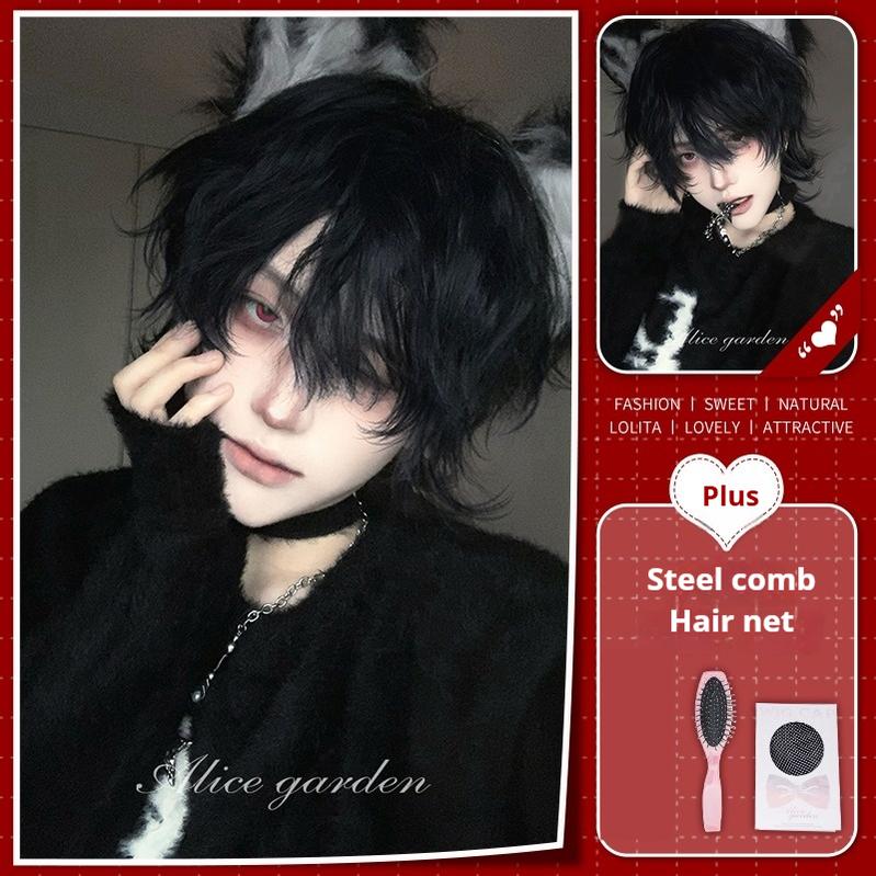Alicegarden - Ouji Lolita Wig Short Curly Male Lolita Wig Graphite Blue Wig with Hairnet + Pink Mini Comb