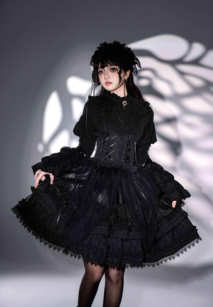 DMFS Lolita~Good and Evil Angel~Gothic Lolita SK Set Retro Princess Sleeve Blouse