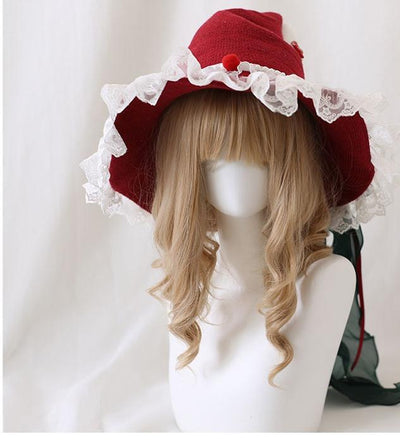 Xiaogui~Christmas Lolita Hat Bow Lace Plush Witch Hat Dark Red Free size Dark red star lace Christmas hat 