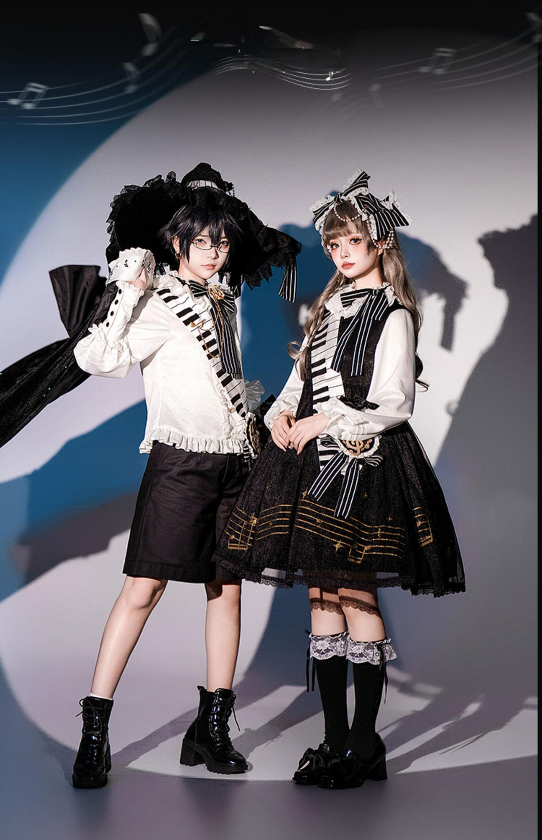 Forest Fluorescent Carps~Black and White Sonata~Ouji Lolita Vest Suit and Vintage Lolita OP Dress