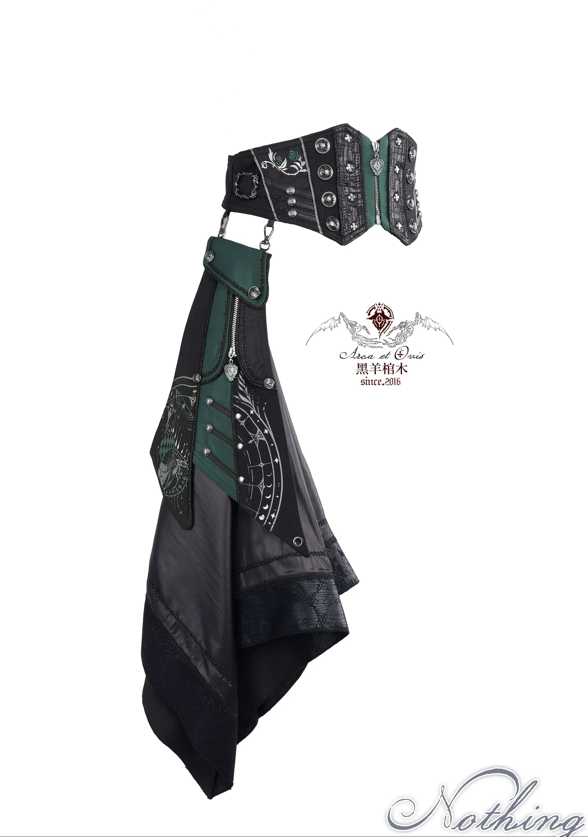 Nothing - Gothic Lolita Waist Cincher, Star and Moon Print Dress Train (Green / L M S) 45590:854735
