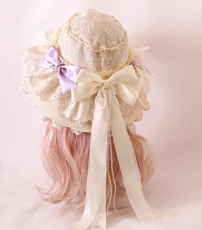 Xiaogui - Elegant Lolita Sunshade Hat Floral Bow Hats One Size. The brim has soft wires that can be shaped. Satin ribbon in milk white and light purple (lace hat)