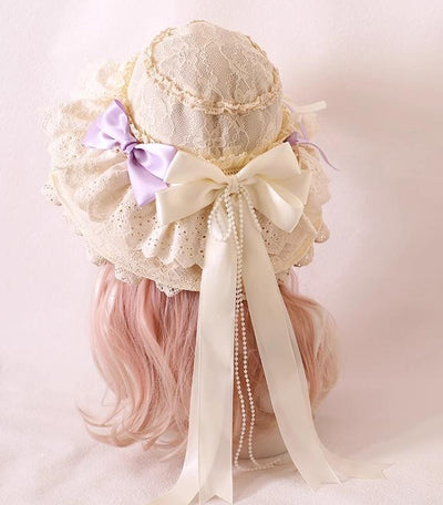 Xiaogui~Elegant Lolita Sunshade Hat Floral Bow Hats One size fits all. The brim has soft wires that can be shaped. Satin ribbon in milk white and light purple (lace hat) 